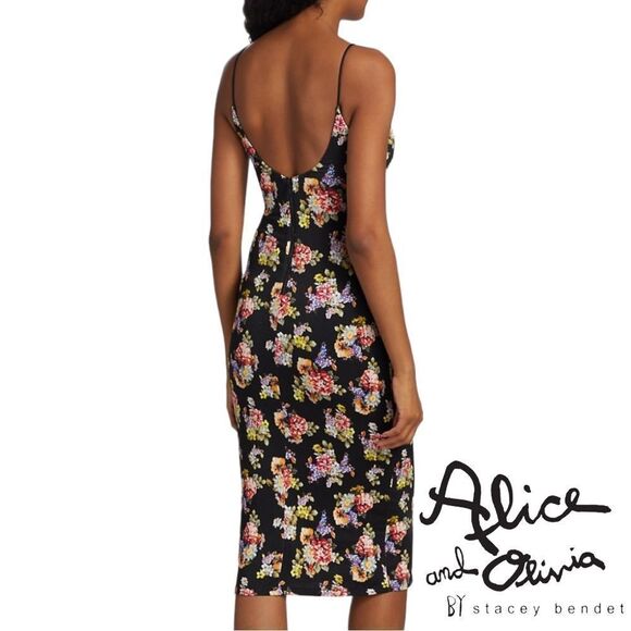 ALICE + OLIVIA *NWT* Delora Spaghetti Strap Fitted MIDI Dress in Magnolia Floral - Picture 4 of 12